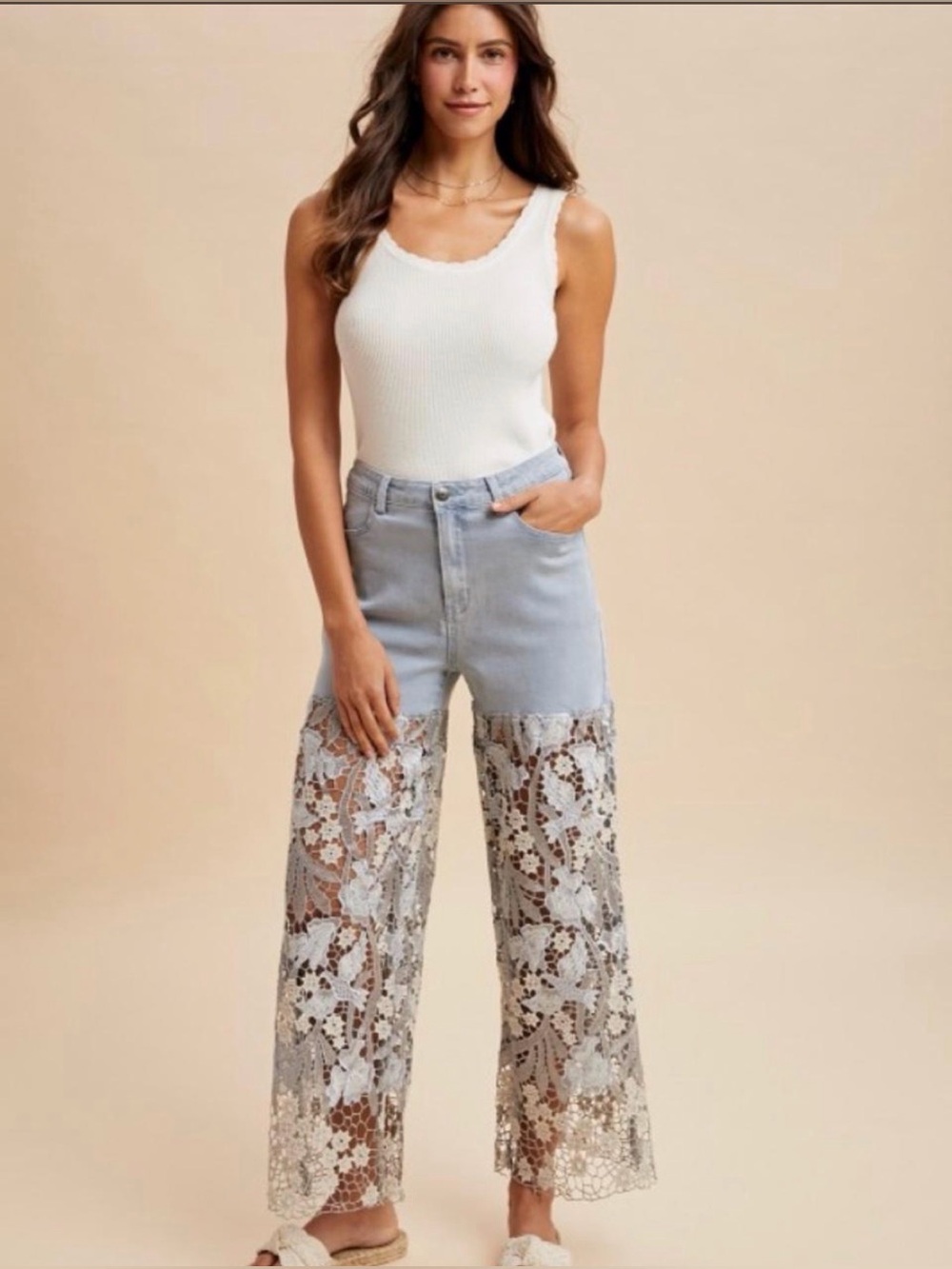 Annie wear Light Blue Lace-Panel Wide-Leg Jeans-NWT